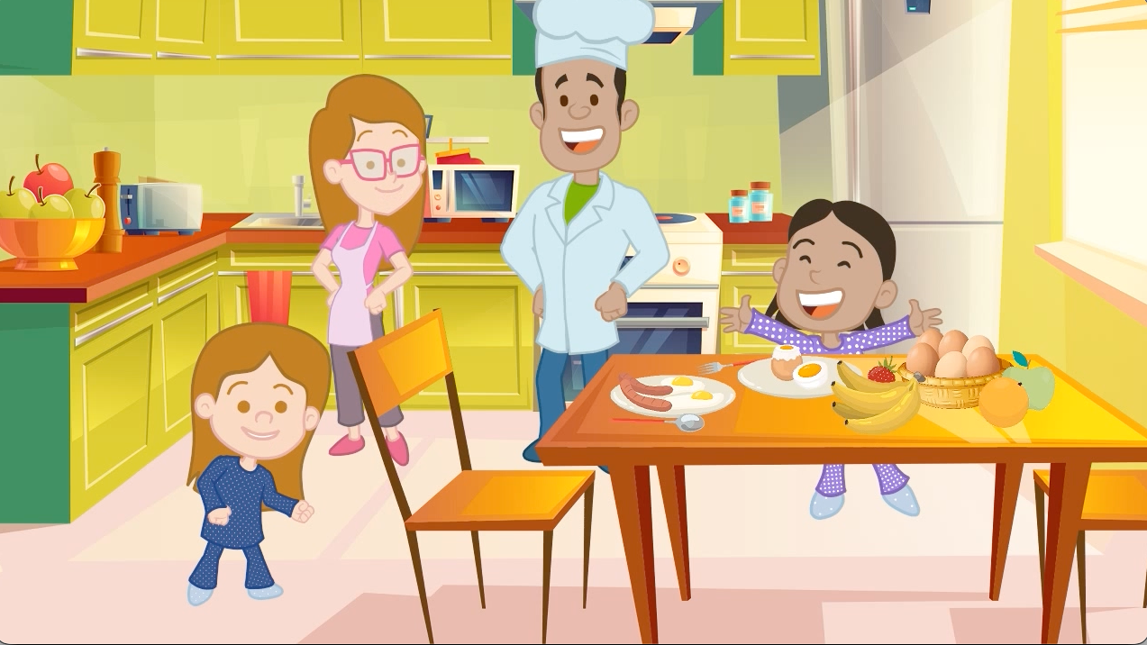 Cena animada em cozinha com família