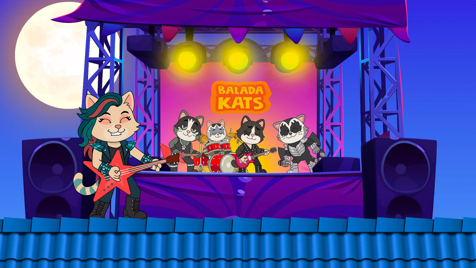 Banda de gatos em palco de animação