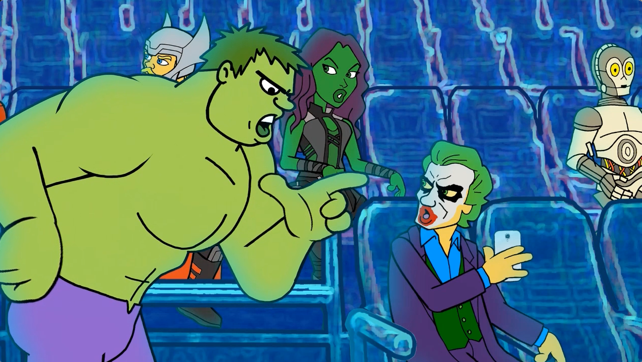 Frame de vídeo animado com personagens em sala de cinema